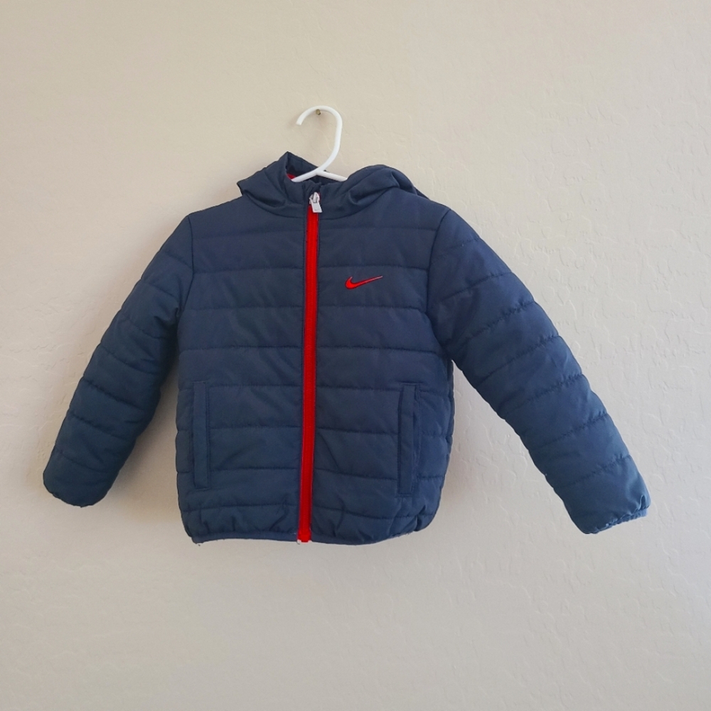 Nike Blue Toddler Puffer Jacket with Hood 24M size. Red interior